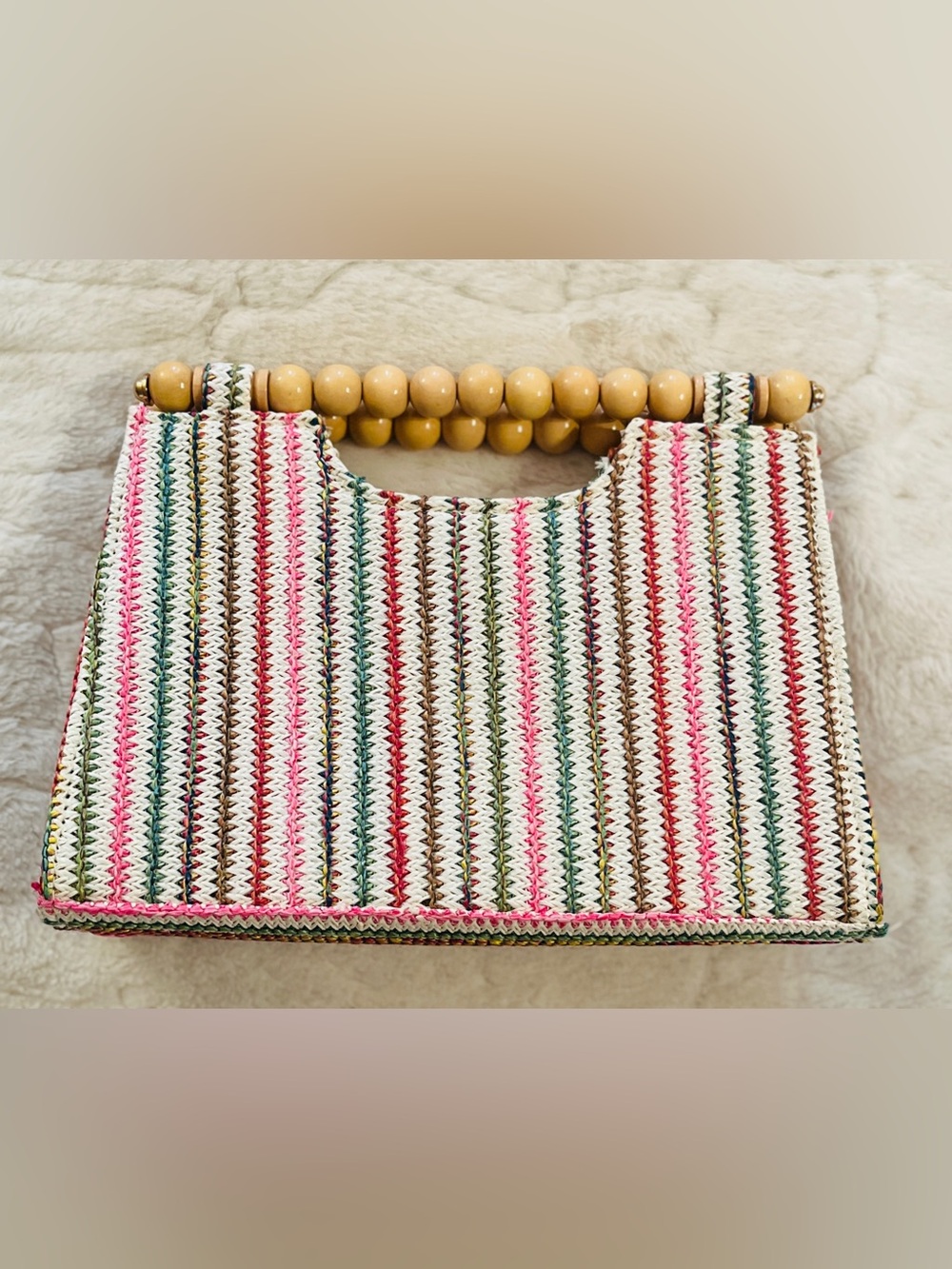 Vtg style Boho Rainbow Striped Woven Straw Satchel Bag Bead Top Handle.